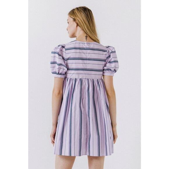 English Factory Lilac Puff Sleeve Striped Mini Dress Size M Medium - Picture 3 of 10
